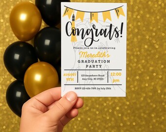 May include: A graduation party invitation held in a hand, with gold and black balloons in the background. The invitation reads "Congrats!" and includes details for Meredith's graduation party, including the date, time, and RSVP information.