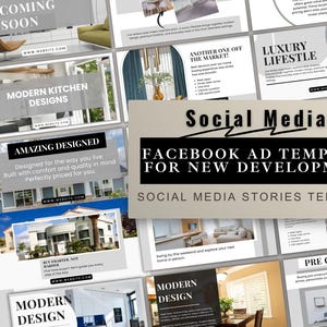 May include: A collection of social media templates for Facebook ads and stories, promoting new developments. The design features various interior and exterior home design images, with text overlays such as "Coming Soon" and "Modern Kitchen Designs."