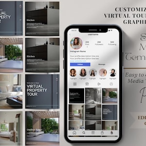 May include: A smartphone displays a social media template with the text "CUSTOMIZABLE VIRTUAL TOUR PROMO GRAPHICS". The template includes images of interior spaces and the text "VIRTUAL PROPERTY TOUR". The design is for social media posts.