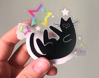 Black Cat Stickers - Rainbow Star Transparent Sticker and Holographic Moon Cat Sticker and Holo Scaredy Cat