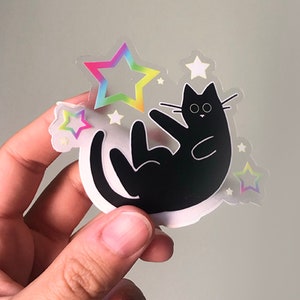 Black Cat Stickers Rainbow Star Transparent Sticker and Holographic Moon Cat Sticker and Holo Scaredy Cat image 1