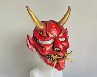 Red and Gold Oni Resin Mask Halloween Costume Walldecor