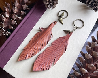Leather feather keychain | genuine handmade leather art | purse dangle accessory | Brown and Bronze