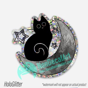 Black Cat Stickers Rainbow Star Transparent Sticker and Holographic Moon Cat Sticker and Holo Scaredy Cat MoonCat(Glitter)