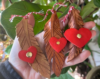 Hand Crafted Leather Feather Valentine with heart decoration,  twine loop for use as an ornament, gift tag, home office decoration