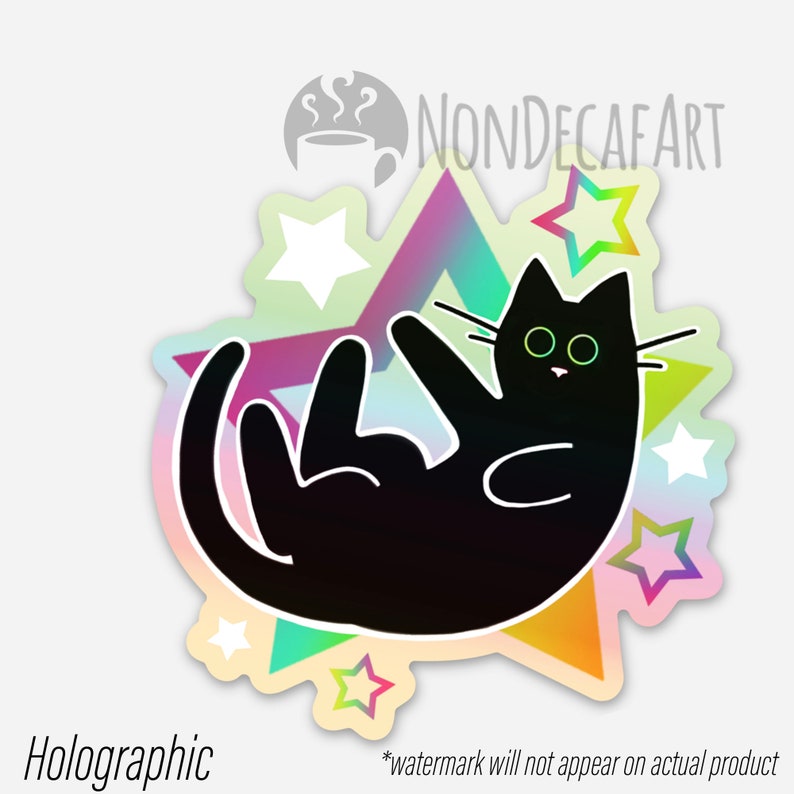 Black Cat Stickers Rainbow Star Transparent Sticker and Holographic Moon Cat Sticker and Holo Scaredy Cat StarCat(Holo)