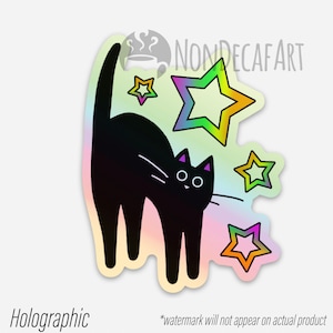 Black Cat Stickers Rainbow Star Transparent Sticker and Holographic Moon Cat Sticker and Holo Scaredy Cat Scaredy(Holo)StarCat