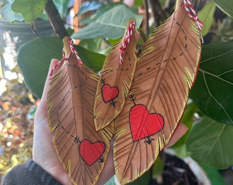 Hand Crafted Leather Feather Valentine with painted cupid heart valentine & twine for use as an ornament, gift tag, home office decoration