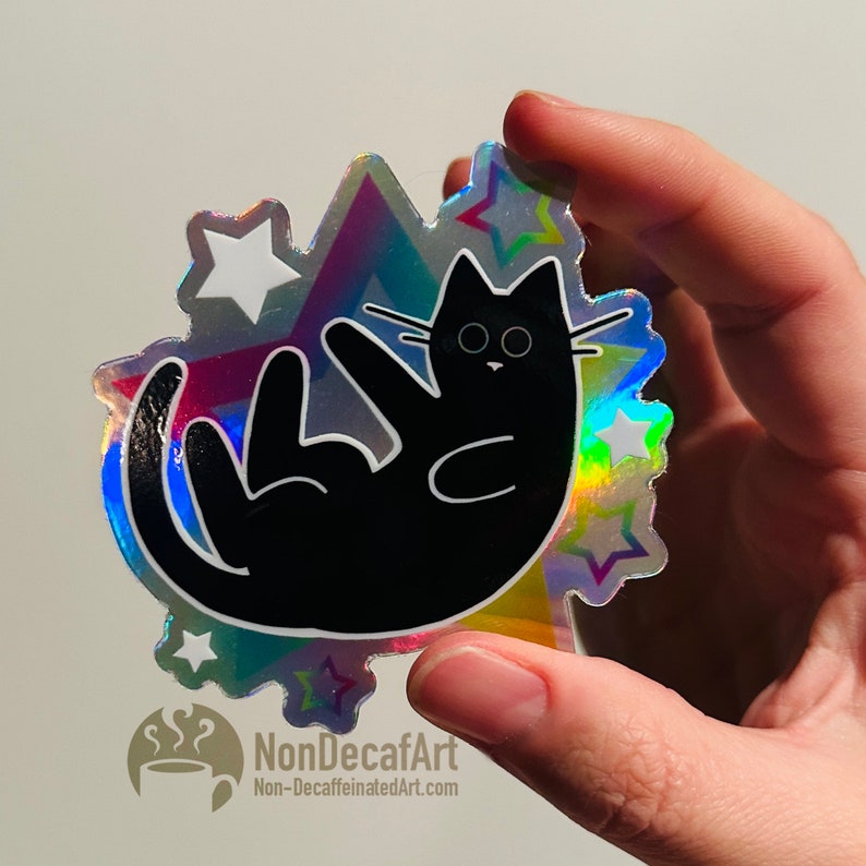 Black Cat Stickers Rainbow Star Transparent Sticker and Holographic Moon Cat Sticker and Holo Scaredy Cat image 3