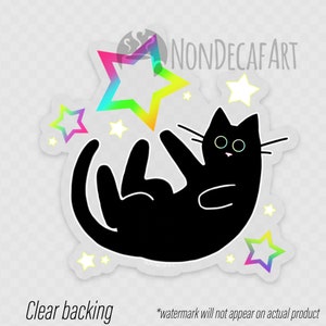 Black Cat Stickers Rainbow Star Transparent Sticker and Holographic Moon Cat Sticker and Holo Scaredy Cat StarCat(Transparent)