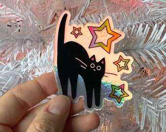 Scaredy Cat single sticker  - Rainbow Star cat series -  Holographic vinyl Scaredy Cat water resistant sticker
