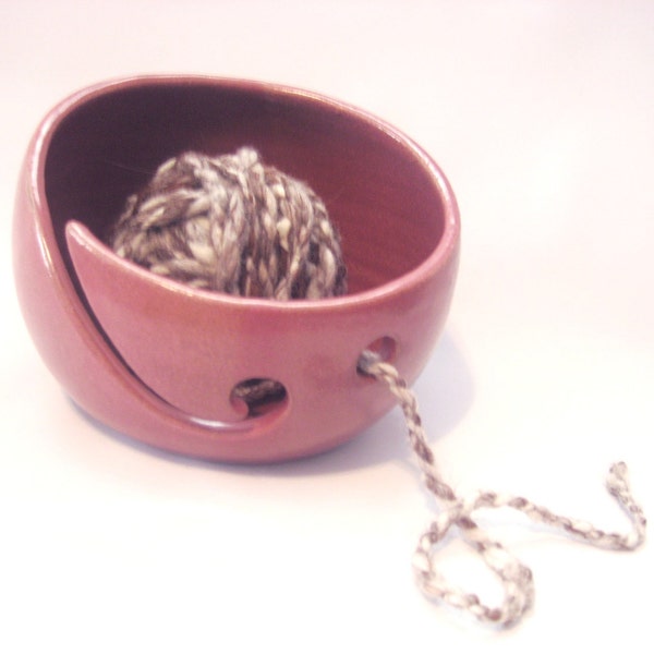 Yarn Bowl Handmade Pottery Tabletop Functional Decor Fibers Yarn Guide Knitting Crocheting Swirl Cutout, Raspberry Mauve