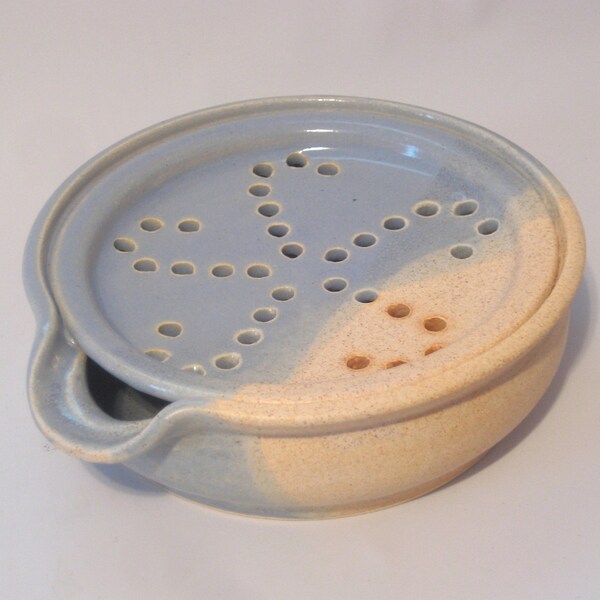 Soap Dish with Drain Tray - One Piece Soap Saver - Handmade Pottery Glazed Sky Blue & Speckled Cream