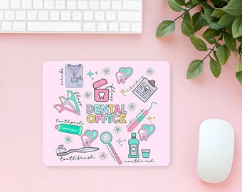 Pink Dental Mouse Pad, Cute Tooth, Floss, Toothbrush, Mouth Rinse & Flowers, Hygienist Gift, Dental Office Aesthetic Decor, Dentist Gift