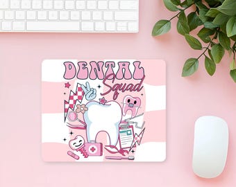 Pink Dental Mouse Pad, Cute Tooth, Floss, Toothbrush, Mouth Rinse & Floral, Hygienist Gift, Dental Office Aesthetic Decor, Dental Retro Vibe