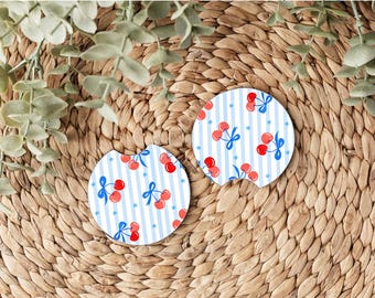 Cherry Coquette Car Coasters, 4th of July Car Accessories, Red White and Blue Car Decor, Cute Patriotic Gift, Soft Girl Car Coaster Set