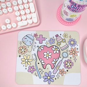 Retro Beige Heart Dental Mouse Pad, Groovy Floss & Flower Design, Cute Gift for Dental Hygienist or Assistant, Dental Office Decor
