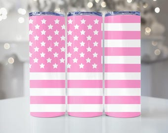 Pink American Flag Tumbler, 20 oz Stainless Steel USA Cup with Lid, Girly Patriotic Gift, Pink and White Tumbler, 4th of July Cup