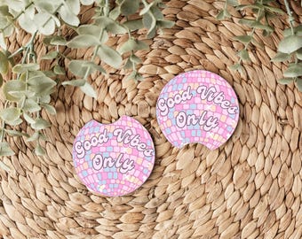 Good Vibes Only Car Coasters, Good Vibes Only Disco Ball Coasters, Retro Pink Aesthetic Drink Coasters, Gift for Her, Groovy Party Coasters