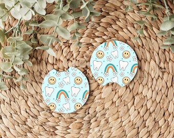 Blue Dental Car Coasters, Cute Tooth, Floss, Toothbrush, Mouth Rinse & Flowers, Hygienist Gift, Dental Car Decor, Dental Vibes, Dentist Gift