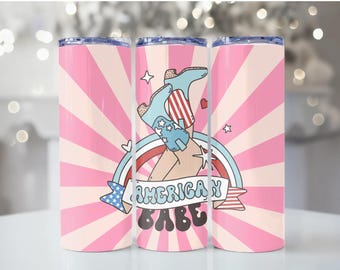 Pink American Babe Tumbler 20 oz, Cowgirl 4th of July Cup, Patriotic Boots Western Gift for Her, Country USA Travel Mug, Girly USA Mug