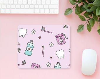 Lavender Dental Mouse Pad, Cute Tooth, Floss, Toothbrush, Mouth Rinse & Flowers, Hygienist Gift, Dental Office Aesthetic Decor, Dental Vibes
