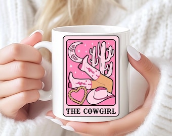 Pink Cowgirl Mug, 11 oz, Cup, Cute, Boots, Tarot Card, Western, Cowgirl and Cactus, Gift for Her, Bachelorette Gift