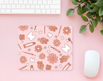 Boho Dental Mouse Pad, Cute Tooth, Floss, Toothbrush, Toothpaste & Floral, Hygienist Gift, Dental Office Aesthetic Decor, Dental Vibes Retro