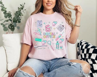 Dental Office Essentials T-Shirt - Cute Dental Tools, Shirt for Hygienists & Assistants | Toothpaste, Floss Picks,  Gloves  Dentist Gift