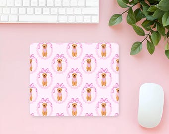 Pink Golden Mouse Pad, Cute Dog, Golden Retriever, Dog Lover, Pink Bow, Daughter Gift, Teacher Office Aesthetic Decor, Girly Vibes, Girly