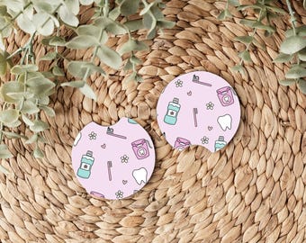 Lavender Dental Car Coasters, Cute Tooth, Floss, Toothbrush, Mouth Rinse & Flowers, Hygienist Gift, Dental Car Decor, Dental Vibes