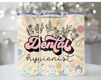 Boho Dental Hygienist Tumbler, 20 oz, Stainless Steel, Gift for Her, Dental Hygienist Gift, Yellow, Groovy, Toothbrush, Tooth & Flowers