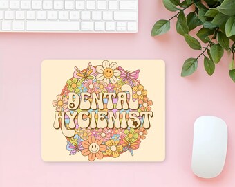 Boho Dental Mouse Pad, Cute Tooth, Floss, Toothbrush, Retro & Floral, Hygienist Gift, Dental Office Aesthetic Decor, Dental Vibes, Gift