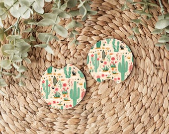 Desert Chic Car Coasters, Cute Cactus, Floral, Groovy, Gift for Her, Western Car Decor, Cowgirl Vibes, Cactus Lover