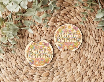 Retro Dental Car Coasters, Cute Tooth, Floss, Groovy, Flowers, Hygienist Gift, Dental Car Decor, Dental Vibes