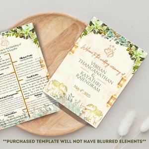 May include: Two wedding ceremony programs on a wooden tray. The programs feature floral and elephant designs with text that reads "Welcome to the wedding ceremony of Vibisan & Kayathri Rajendram, May 4th, 2025."