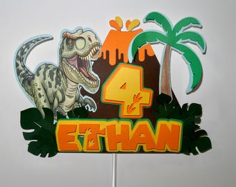 Personalized 3D Dinosaur Cake Topper Name and Number Jungle Volcano Birthday Party Decoration