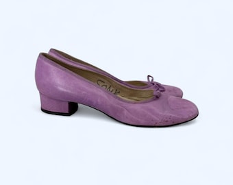Lavender Purple Genuine Leather Round Toe Bow Block Heel Pumps c. 1955