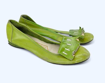 Italia Softies Lime Green Leather Kiltie Fringe Ballet Flats Vintage 1981