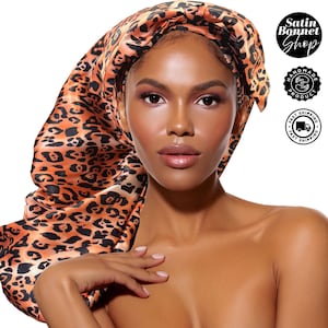 Leopard Print Satin Hair Bonnet: Protective Sleep Cap for Braids & Locs, Man Bonnet, Unisex, Satin Bonnet, Sleep Cap, Extra Long Bonnet