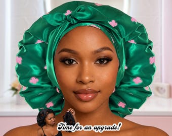 Bonnet doublé de satin, Protection contre les frisottis, Bonnet de nuit fait main, Protection capillaire géante, Bonnet en satin rose et vert, Cadeau pour la fête des Mères