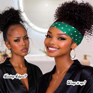 May include: Two images side-by-side show a woman with curly hair in a high bun. The left image shows a woman with a concerned expression, with the text "Losing Edges?" The right image shows a woman smiling, wearing a green polka dot headband, with the text "Wrap it up!"
