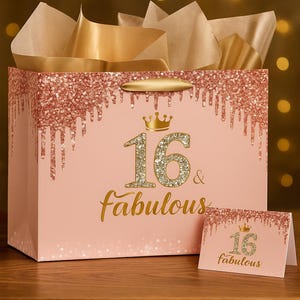 Bolsa de regalo de 16.º cumpleaños en oro rosa para niñas, decoraciones para dulces 16, tarjeta de regalo de 16 años para hija y amigas