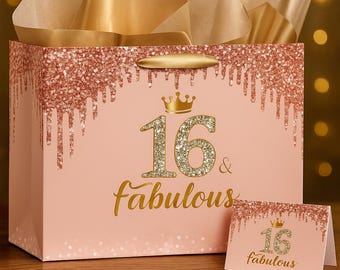 Rose Gold 16th Birthday Gift Bag for Girls, Sweet 16 Decorations, 16 Years Old Gift Card for Daughter, Granddaughter and Friends.