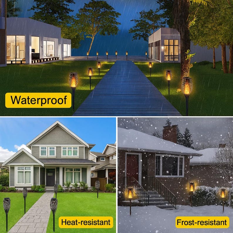 May include: Outdoor solar-powered torch lights are shown in various settings, including rain, heat, and snow. The lights are black with a flickering flame effect. The image includes the text "Waterproof", "Heat-resistant", and "Frost-resistant".