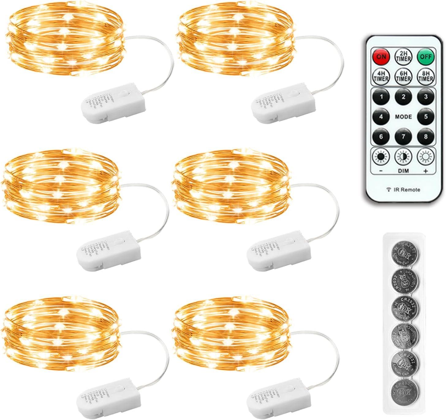 6 Pack Battery Operated Fairy Lights with Remote Control, 2.1m 20 LED Warm White Mini Twinkling Lights with Timer, Waterproof,
