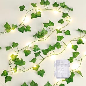 Puede incluir: Una guirnalda de hojas de hiedra artificiales con pequeñas luces LED blancas cálidas. Las hojas verdes están unidas a un alambre fino y flexible. Se ve una pequeña caja de batería de plástico transparente con múltiples configuraciones de luz.