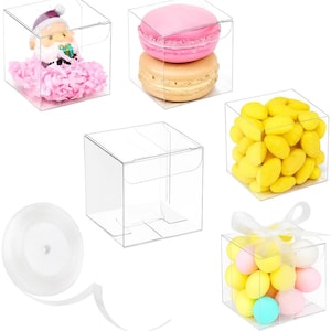Clear Favor Boxes 2x2x2, 100 Pack Small Plastic Gift Boxes with Ribbons for Candy, Macarons, Wedding, Baby Shower, Party Favors & Events