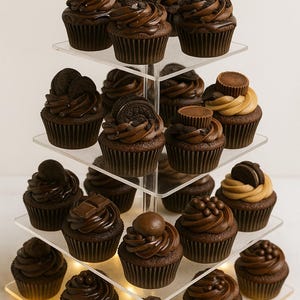 Puede incluir: Un expositor de varios niveles muestra una variedad de cupcakes de chocolate. Algunos están cubiertos con glaseado de chocolate, galletas, caramelos de chocolate y tazas de mantequilla de maní. Los cupcakes están colocados en estantes de acrílico transparente.