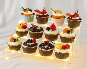 3-Tier Clear Acrylic Cupcake Stand with LED Lights, Display Riser for Perfume, Makeup, Jewelry, Figures, Dessert & Room Decor Shelf